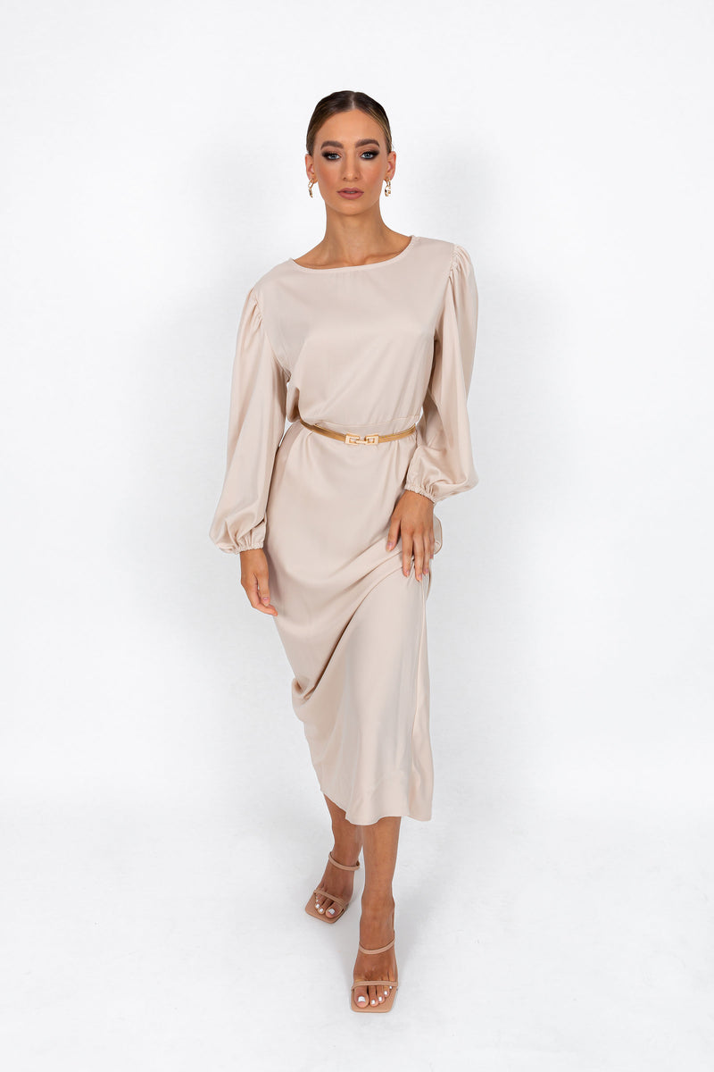 La Lune Balloon Sleeve Midi Dress with Belt, Cream