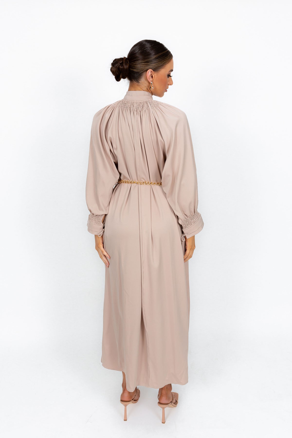 modest smocking shirred detailed evening maxi dress in satin fabric available in Australia  Sabelthelabel