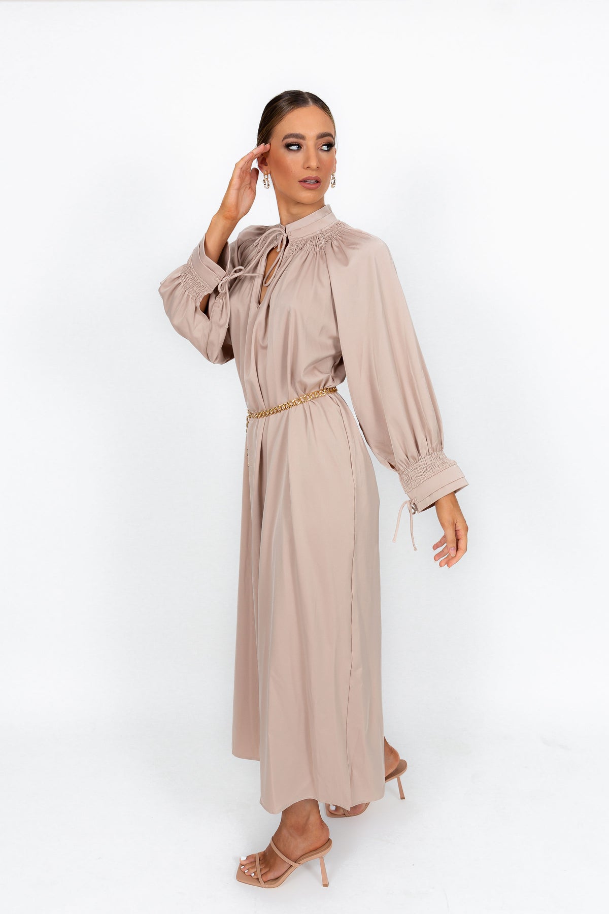 modest smocking shirred detailed evening maxi dress in satin fabric available in Australia 