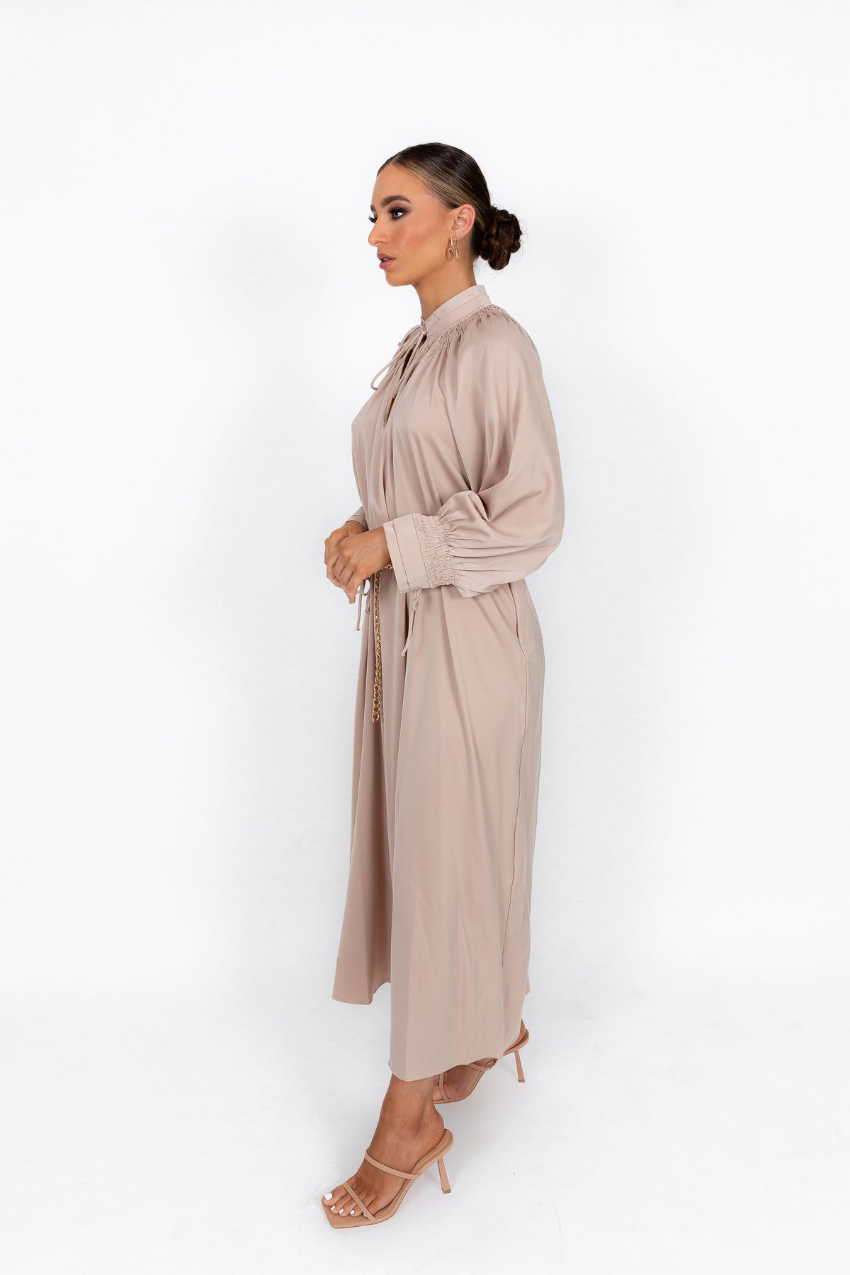 modest smocking shirred detailed evening maxi dress in satin fabric available in Australia  Sabelthelabel