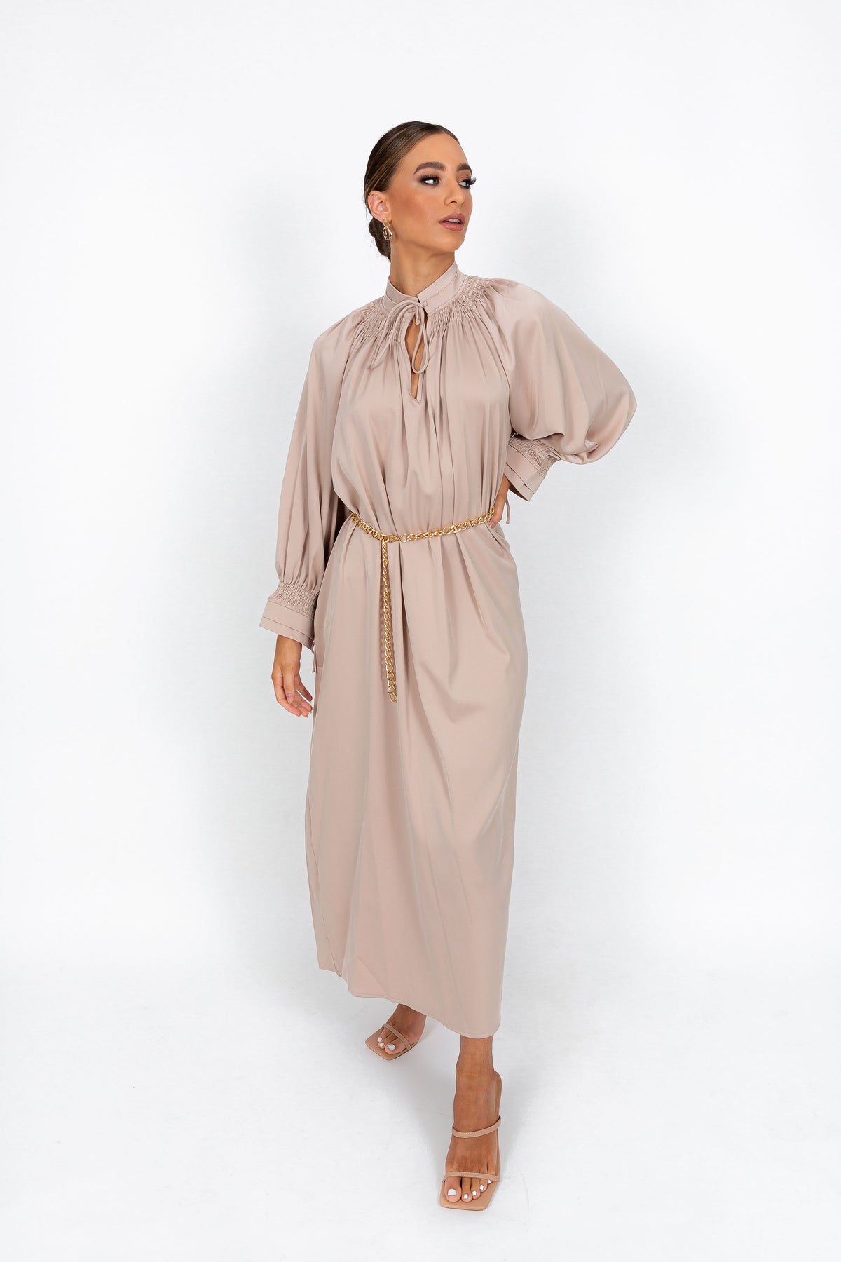 modest smocking shirred detailed evening maxi dress in satin fabric available in Australia 