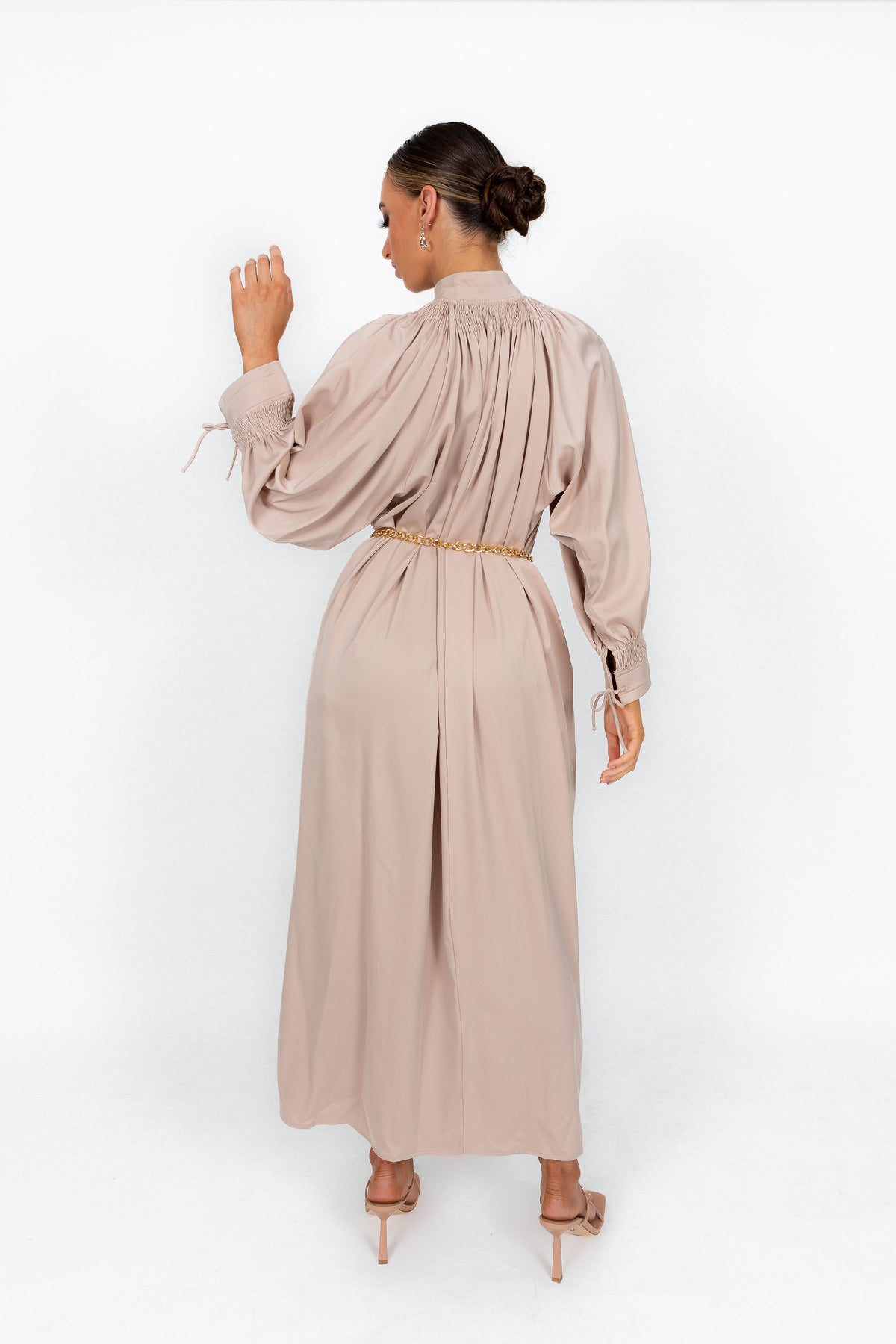 modest smocking shirred detailed evening maxi dress in satin fabric available in Australia  Sabelthelabel